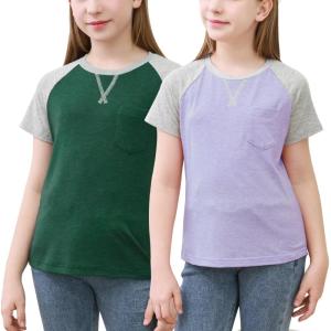imageGORLYA 2 Pack Girls Contrast Raglan Sleeve TShirt Casual Simple Basic Tee Tops with Pocket for 816YGreenmauve