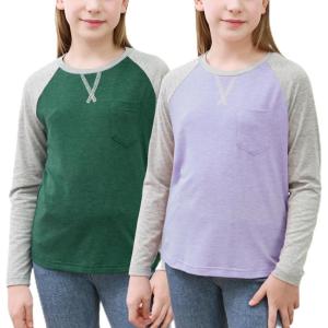 imageGORLYA 2 Pack Girls Contrast Raglan Sleeve TShirt Casual Simple Basic Tee Tops with Pocket for 816YGreenmauve Long Sleeve
