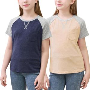 imageGORLYA 2 Pack Girls Contrast Raglan Sleeve TShirt Casual Simple Basic Tee Tops with Pocket for 816YNavyyellow