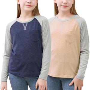 imageGORLYA 2 Pack Girls Contrast Raglan Sleeve TShirt Casual Simple Basic Tee Tops with Pocket for 816YNavyyellow Long Sleeve